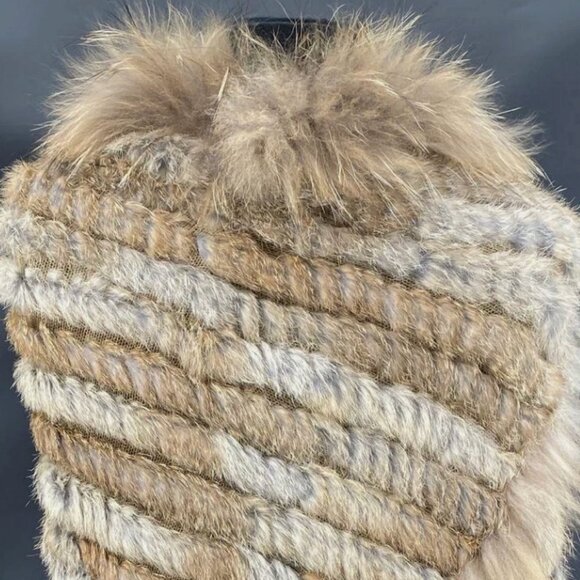 Real Rabbit & Raccoon Fur Knitted Poncho Shawl Stole Coverup Tassel Fringe OS - Picture 7 of 10